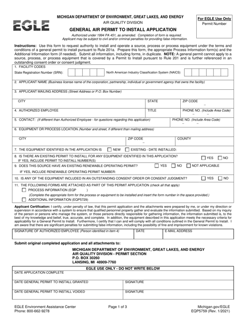 Form EQP5759 General Air Permit to Install Application - 10 Tpy Coating Line - Michigan