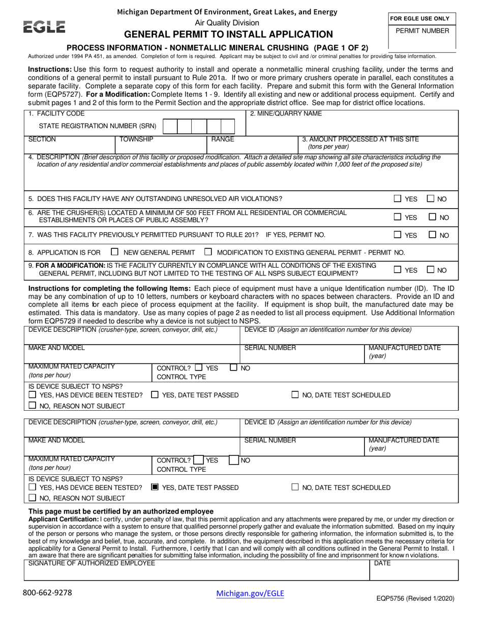 Form EQP5756 General Permit to Install Application - Michigan, Page 1