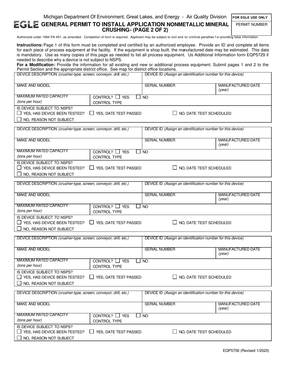 Form EQP5756 General Permit to Install Application - Michigan, Page 2