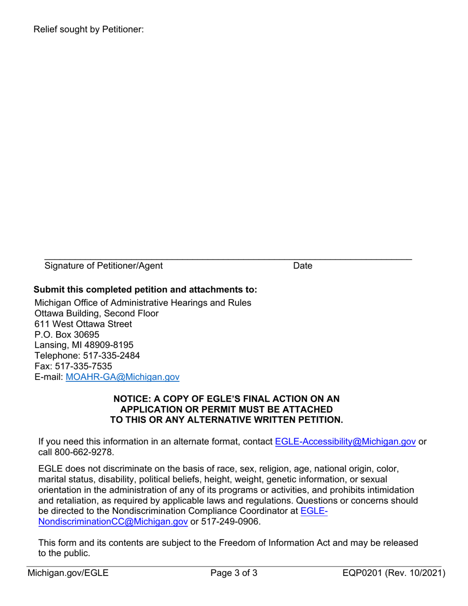 Form EQP0201 Petition for Contested Case Hearing - Michigan, Page 3