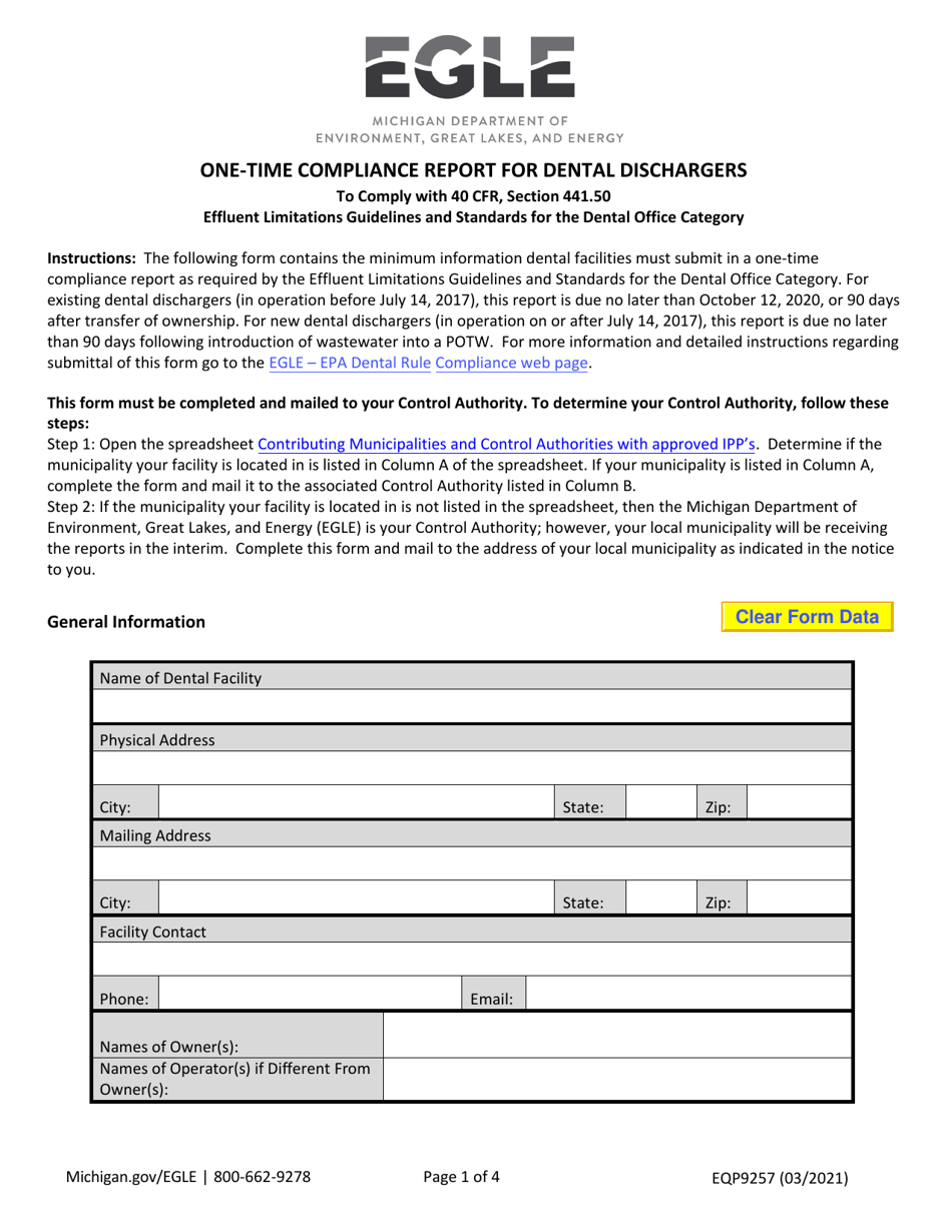 Form EQP9257 One-Time Compliance Report for Dental Dischargers - Michigan, Page 1