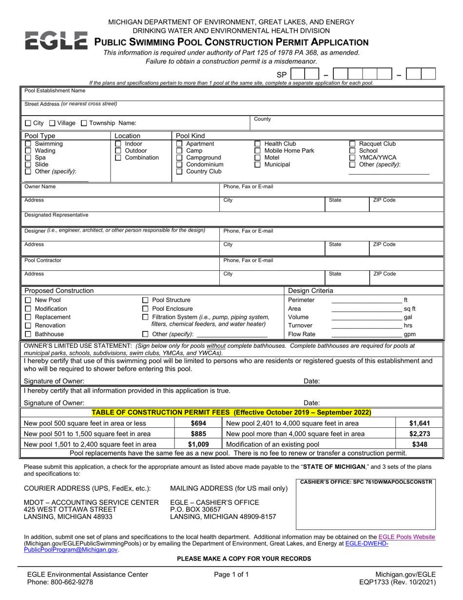 Form EQP1733 Public Swimming Pool Construction Permit Application - Michigan, Page 1