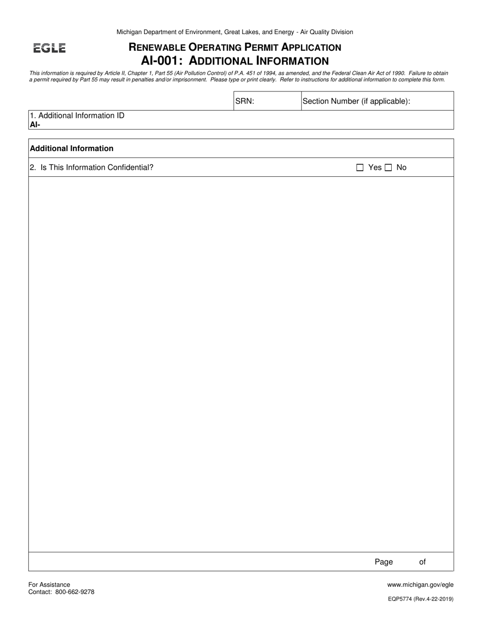 Form AI-001 (EQP5774) Renewable Operating Permit Application: Additional Information - Michigan, Page 1