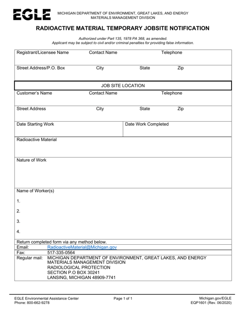 Form EQP1601 Radioactive Material Temporary Jobsite Notification - Michigan