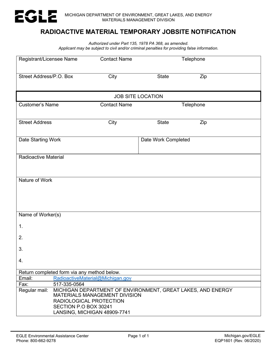 Form EQP1601 Radioactive Material Temporary Jobsite Notification - Michigan, Page 1