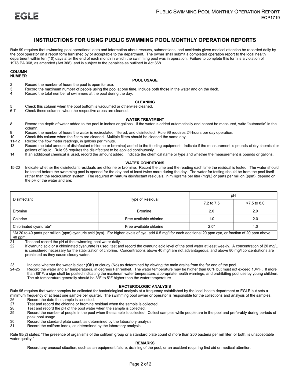 Form EQP1719 Public Swimming Pool Monthly Operation Report - Michigan, Page 2