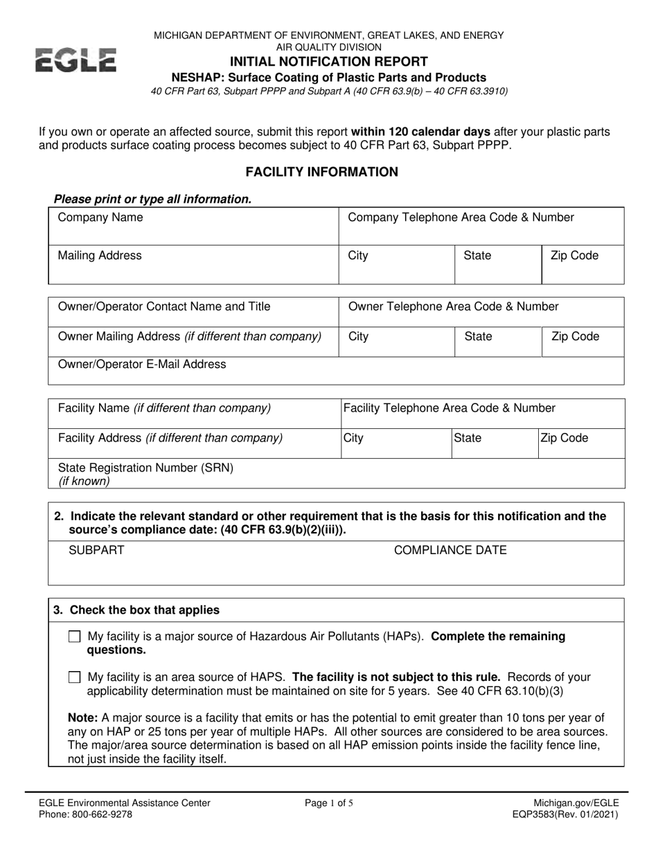 Form EQP3583 Initial Notification Report - Neshap: Surface Coating of Plastic Parts and Products - Michigan, Page 1
