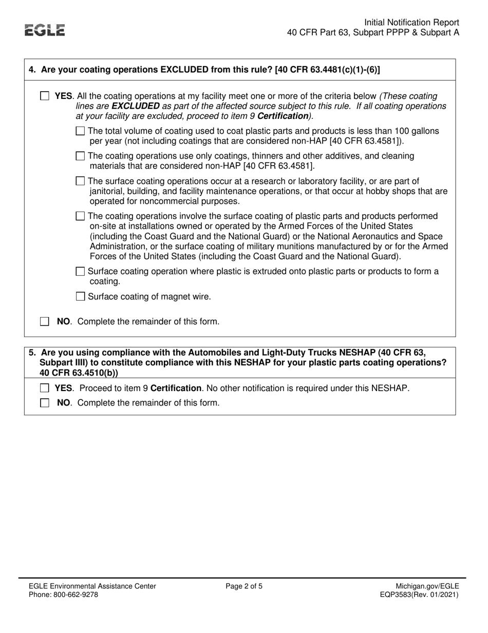 Form EQP3583 Initial Notification Report - Neshap: Surface Coating of Plastic Parts and Products - Michigan, Page 2