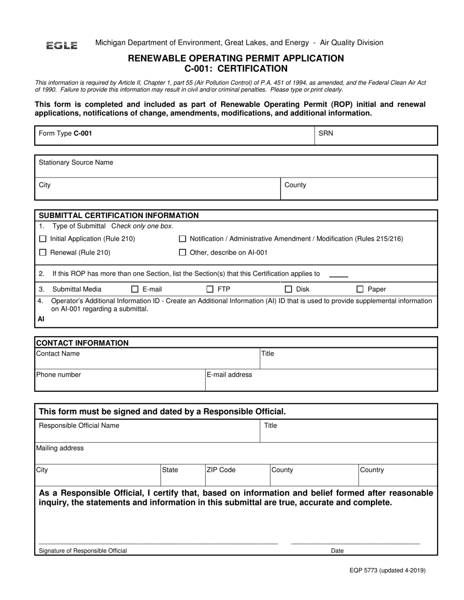 Form C-001 (EQP5773) Renewable Operating Permit Application: Certification - Michigan, Page 1