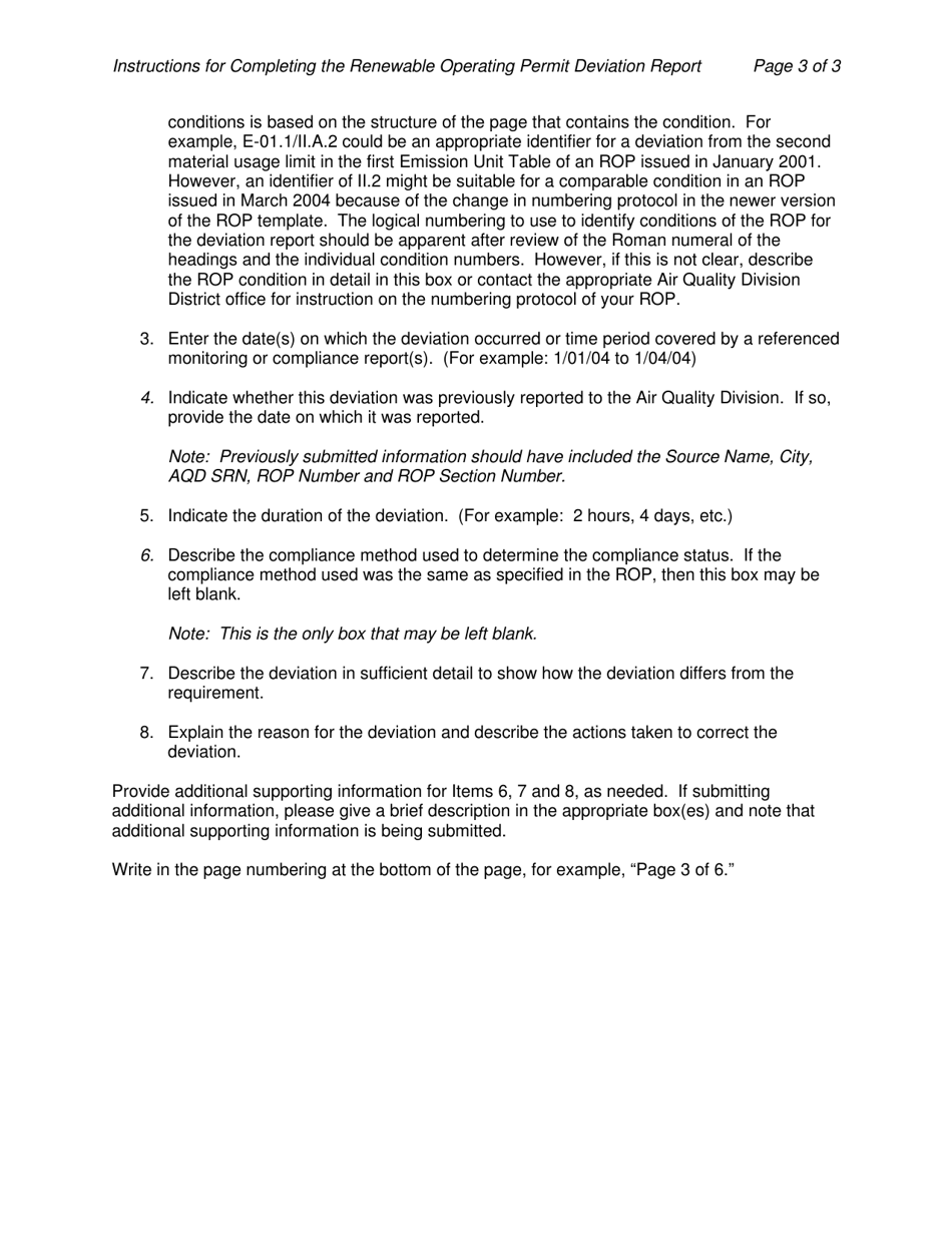 Instructions for Form EQP5737 Renewable Operating Permit Deviation Report - Michigan, Page 3