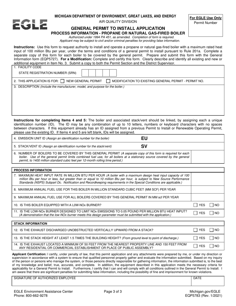 Form EQP5783 General Air Permit to Install Application - Propane or Natural Gas-Fired Boiler - Michigan, Page 3
