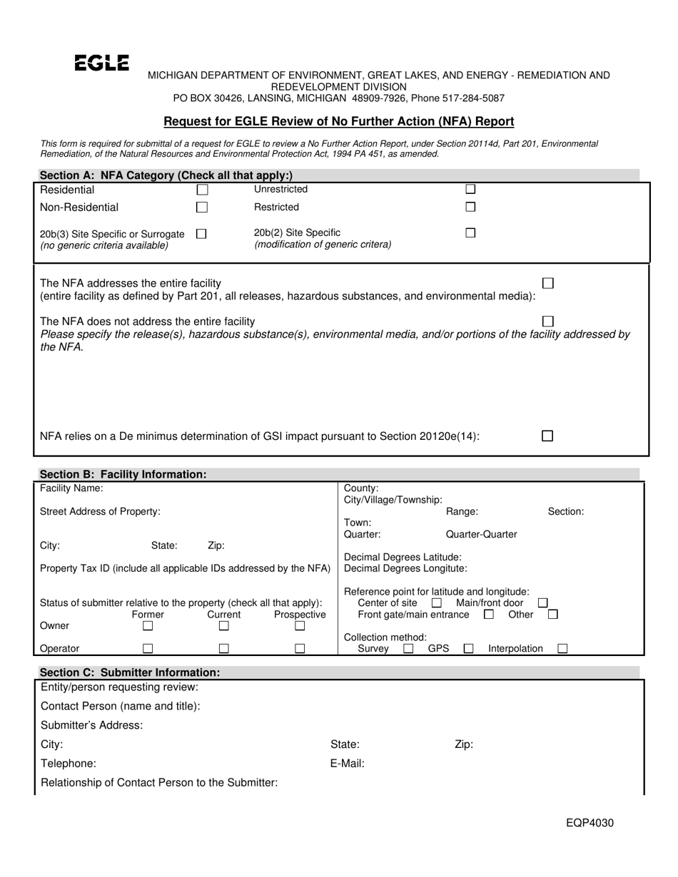 Form EQP4030 Request for Egle Review of No Further Action (Nfa) Report - Michigan, Page 1