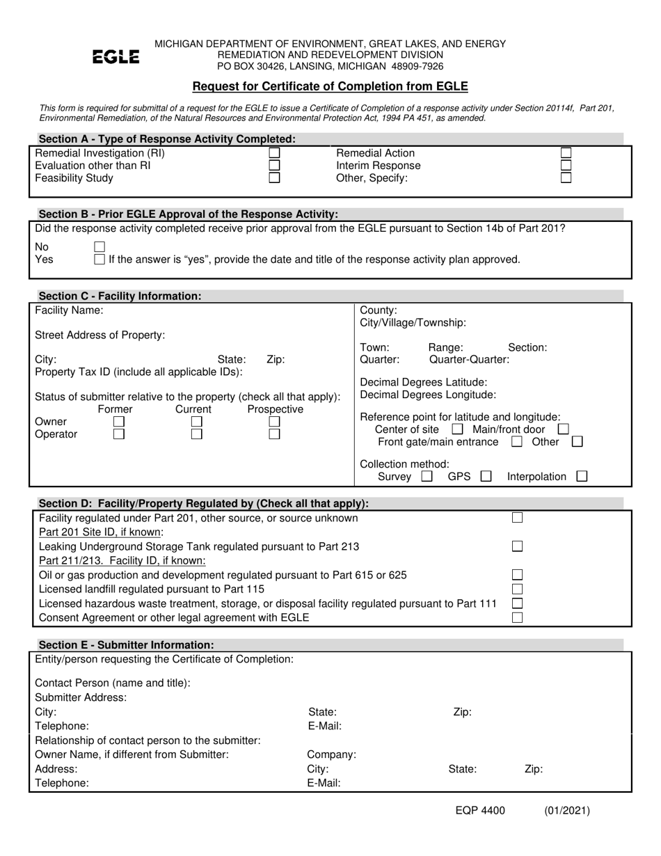 Form EQP4400 Request for Certificate of Completion From Egle - Michigan, Page 1