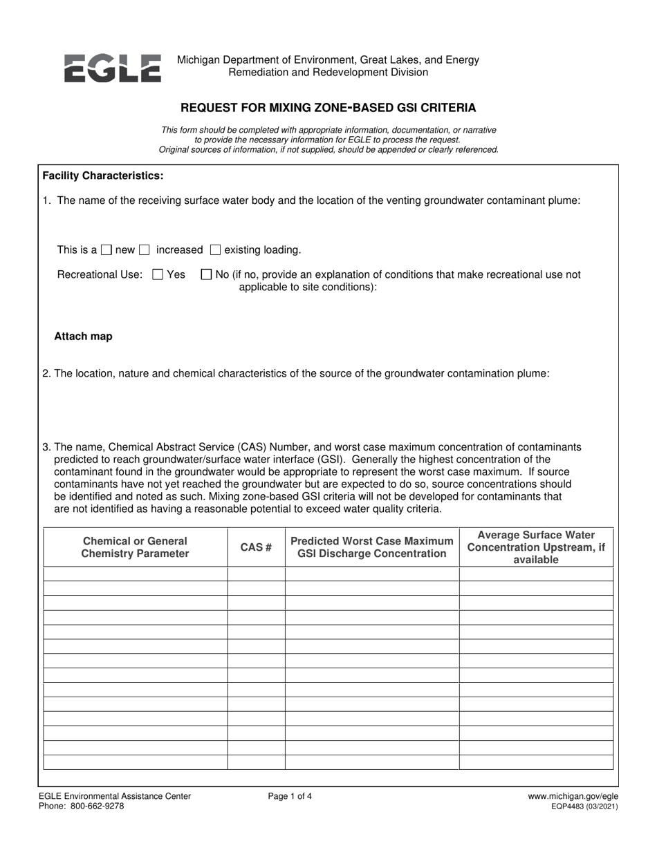 Form EQP4483 Request for Mixing Zone-Based Gsi Criteria - Michigan, Page 1