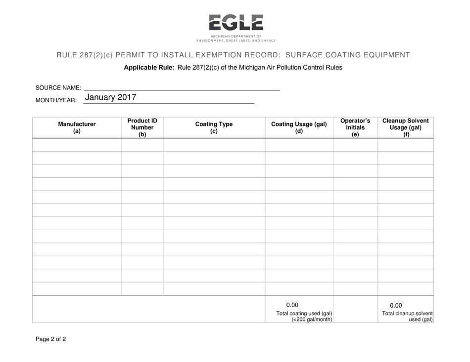Form EQP3562 Rule 287(2)(C) Permit to Install Exemption Record: Surface Coating Equipment - Michigan, Page 2