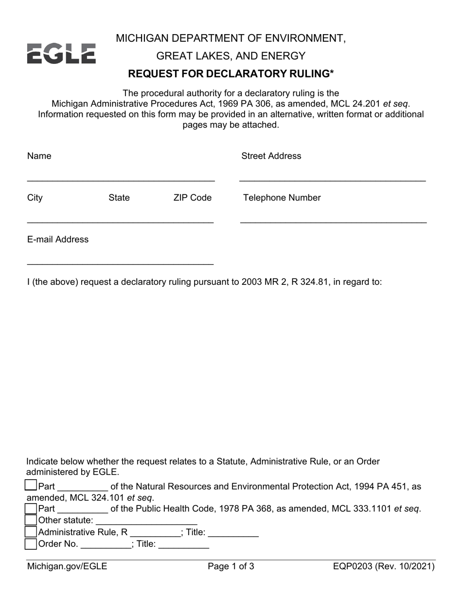 Form EQP0203 Request for Declaratory Ruling - Michigan, Page 1