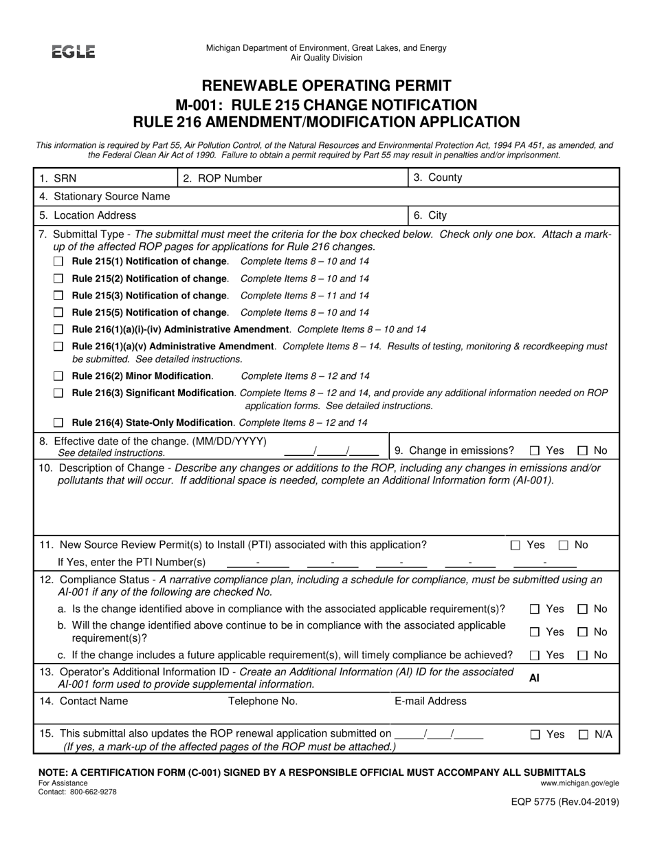 Form M-001 (EQP5775) Renewable Operating Permit: Rule 215 Change Notification  Rule 216 Amendment / Modification Application - Michigan, Page 1