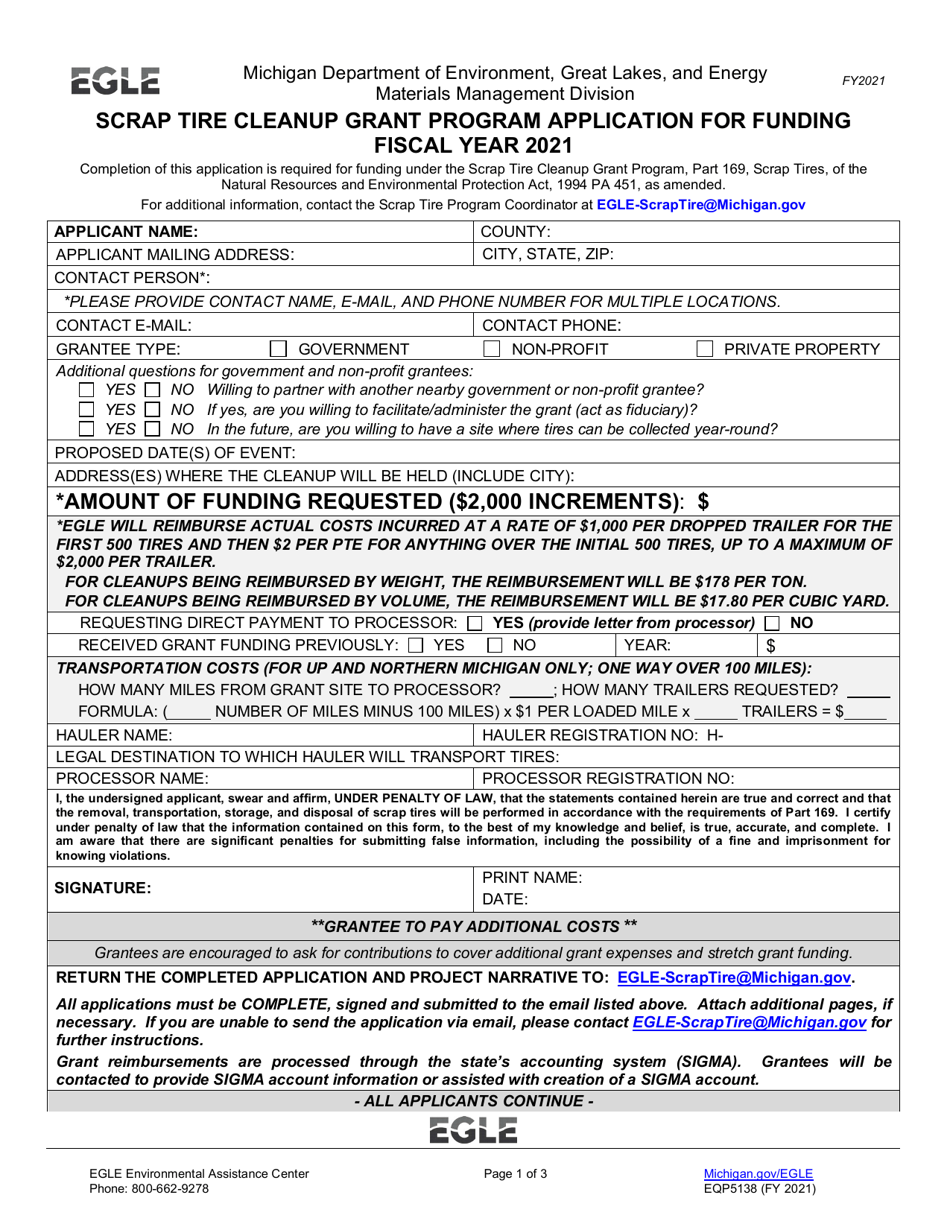 Form EQP5138 Application for Funding - Scrap Tire Cleanup Grant Program - Michigan, Page 1