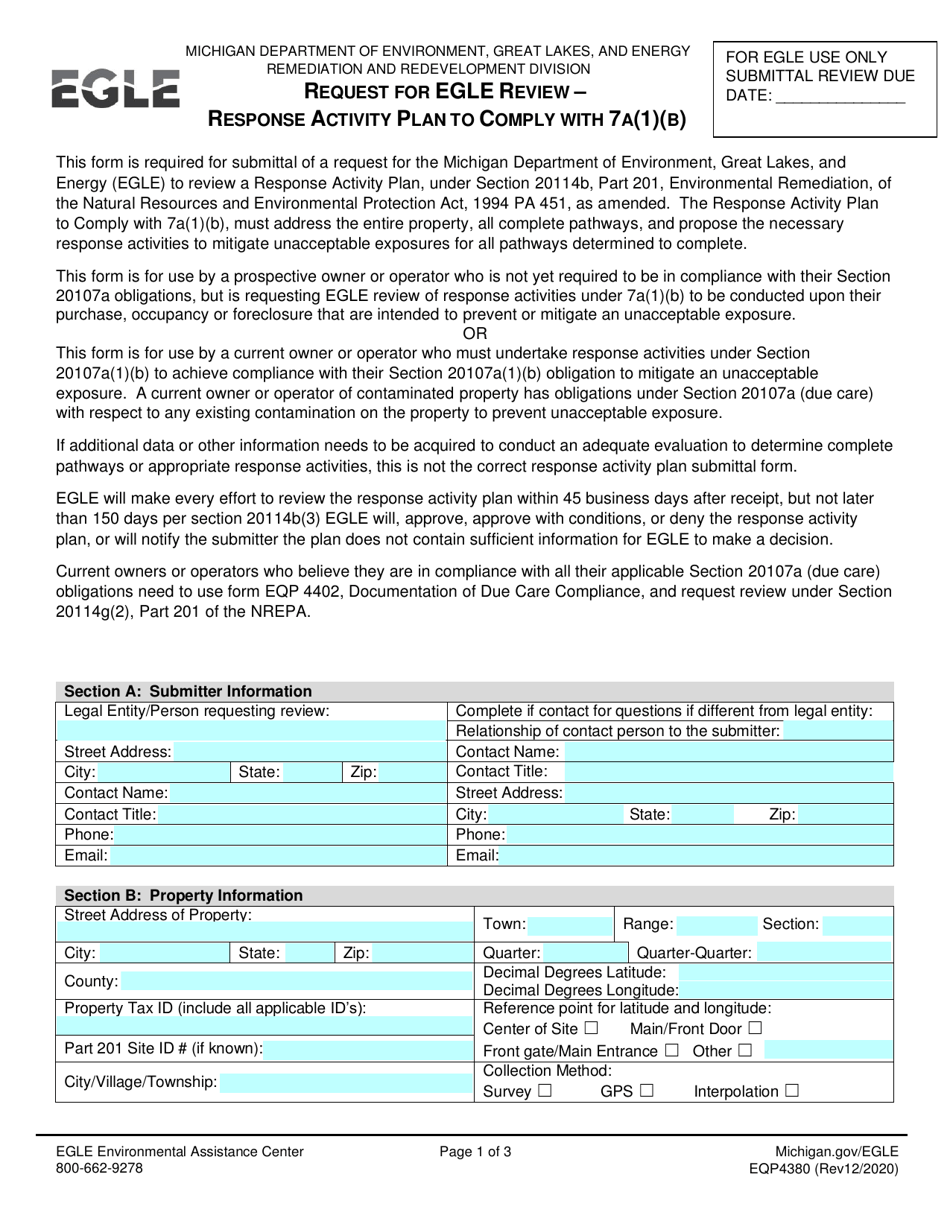 Form EQP4380 Request for Egle Review - Response Activity Plan to Comply With 7a(1)(B) - Michigan, Page 1