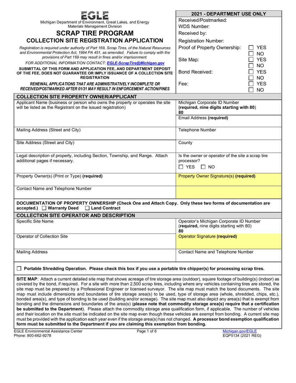 Form EQP5134 Collection Site Registration Application - Scrap Tire Program - Michigan, Page 1