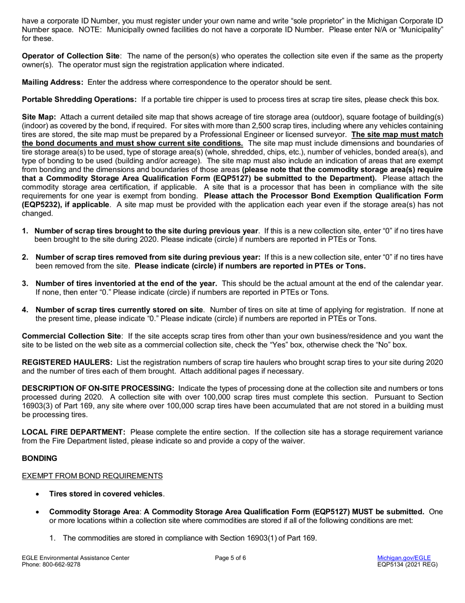 Form EQP5134 Collection Site Registration Application - Scrap Tire Program - Michigan, Page 5