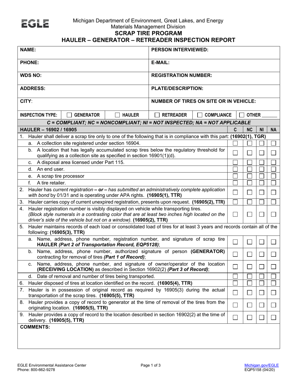 Form EQP5158 Hauler - Generator - Retreader Inspection Report - Scrap Tire Program - Michigan, Page 1