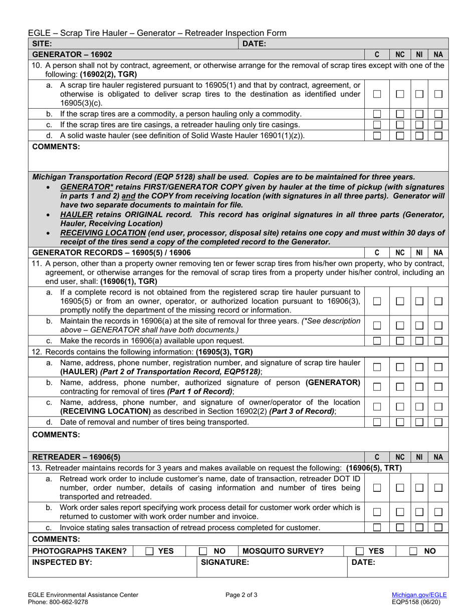 Form EQP5158 Hauler - Generator - Retreader Inspection Report - Scrap Tire Program - Michigan, Page 2