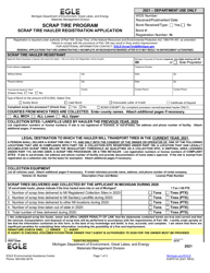 Document preview: Form EQP5133 Scrap Tire Hauler Registration Application - Michigan, 2021