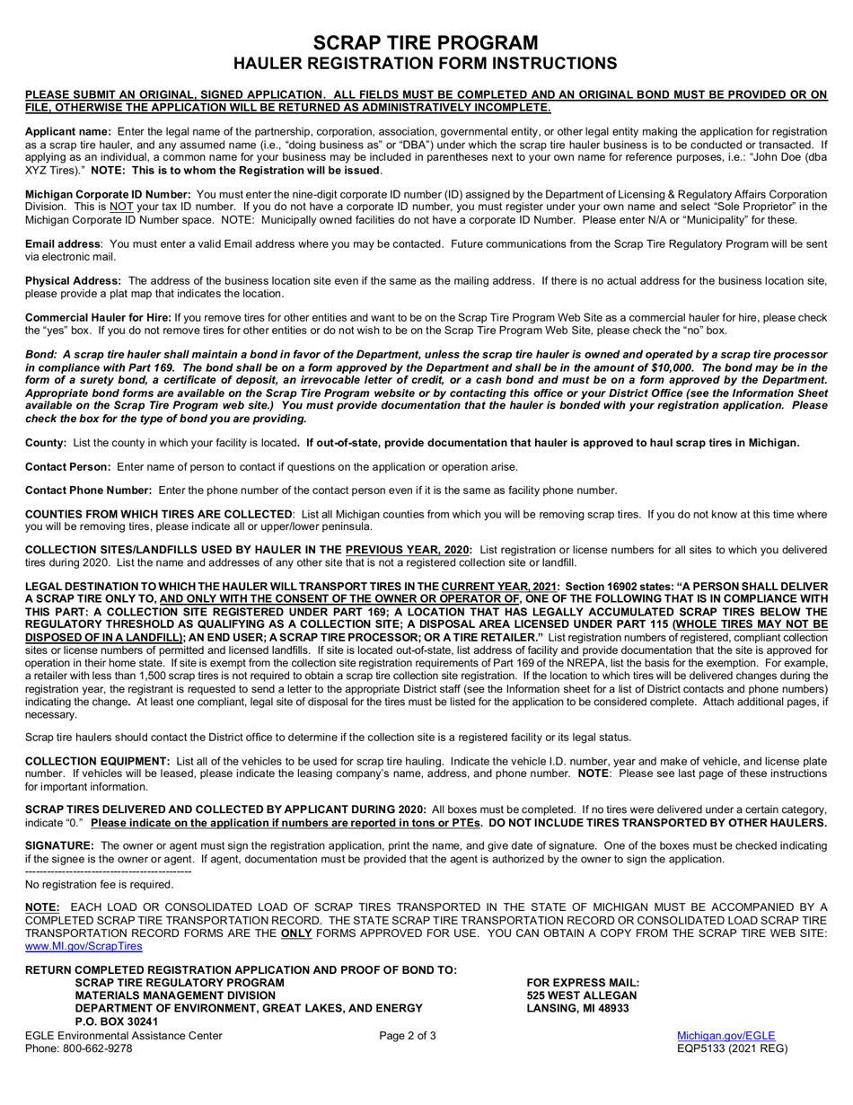 Form EQP5133 Scrap Tire Hauler Registration Application - Michigan, Page 2