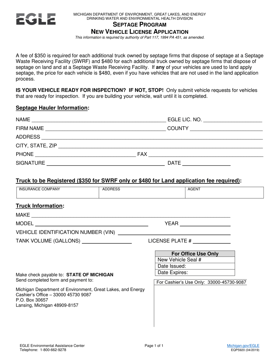 Form EQP5920 New Vehicle License Application - Septage Program - Michigan, Page 1