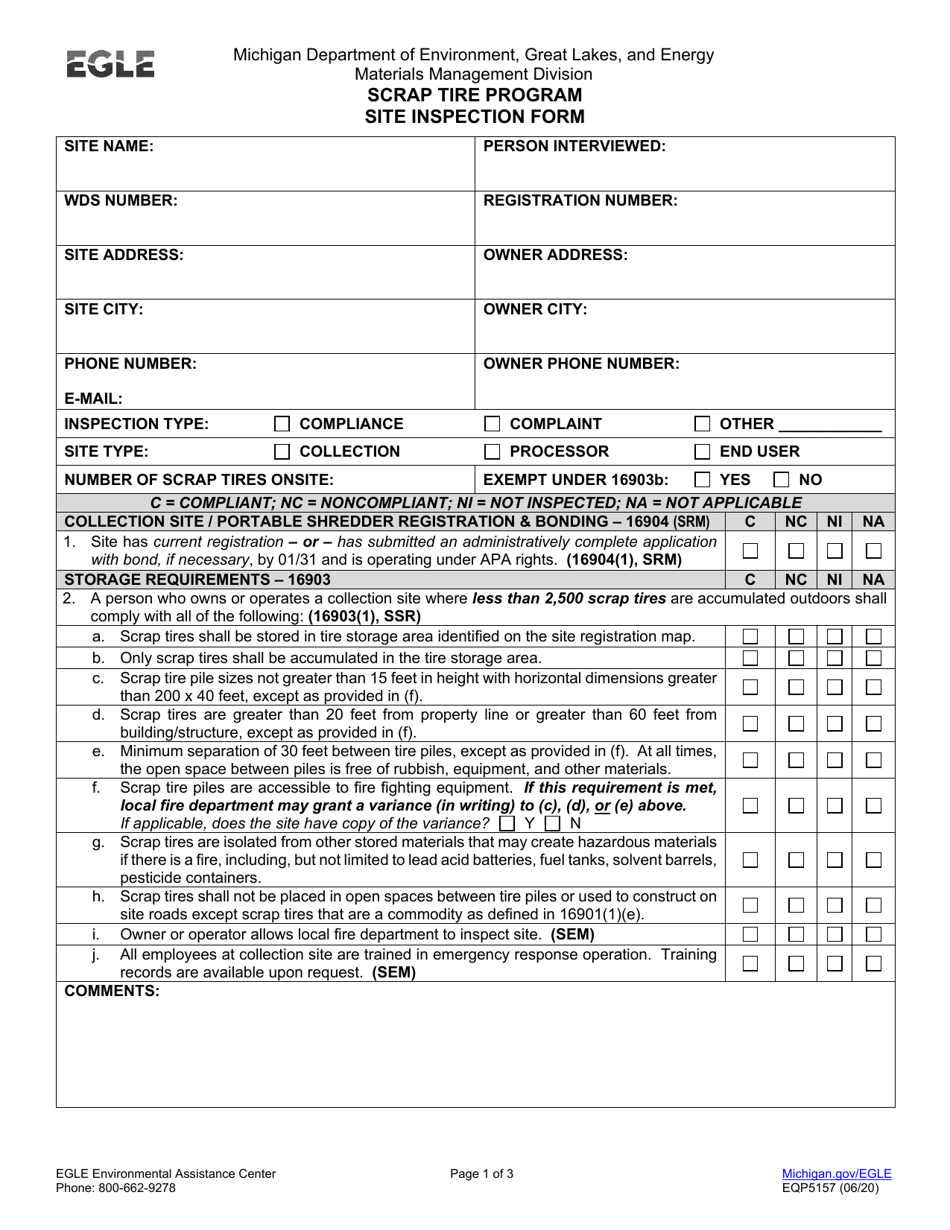 Form EQP5157 Site Inspection Form - Scrap Tire Program - Michigan, Page 1