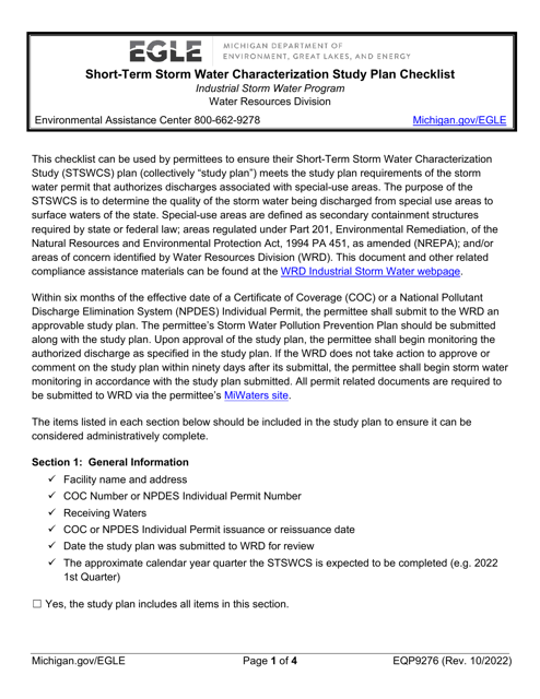 Form EQP9276 Short-Term Storm Water Characterization Study Plan Checklist - Michigan