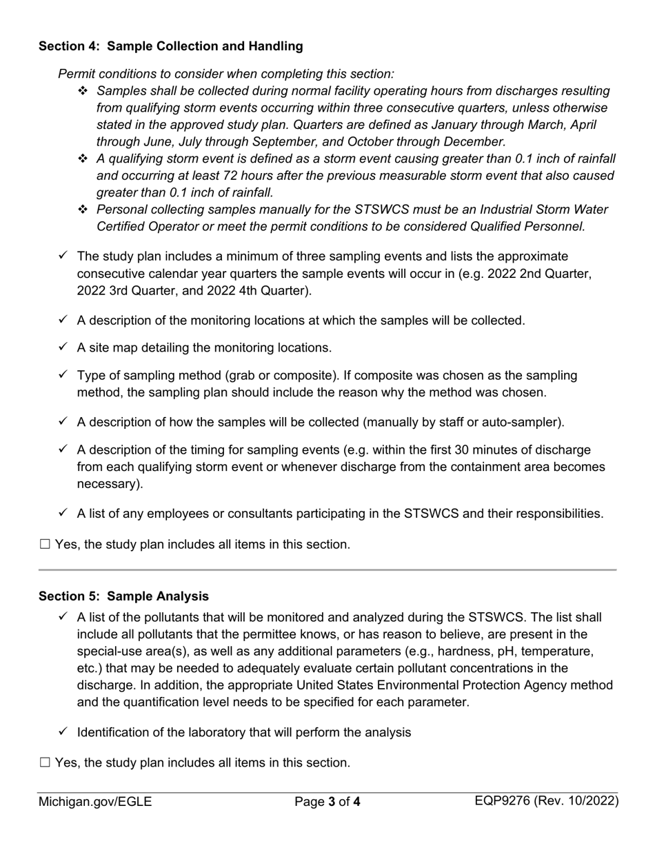 Form EQP9276 Short-Term Storm Water Characterization Study Plan Checklist - Michigan, Page 3