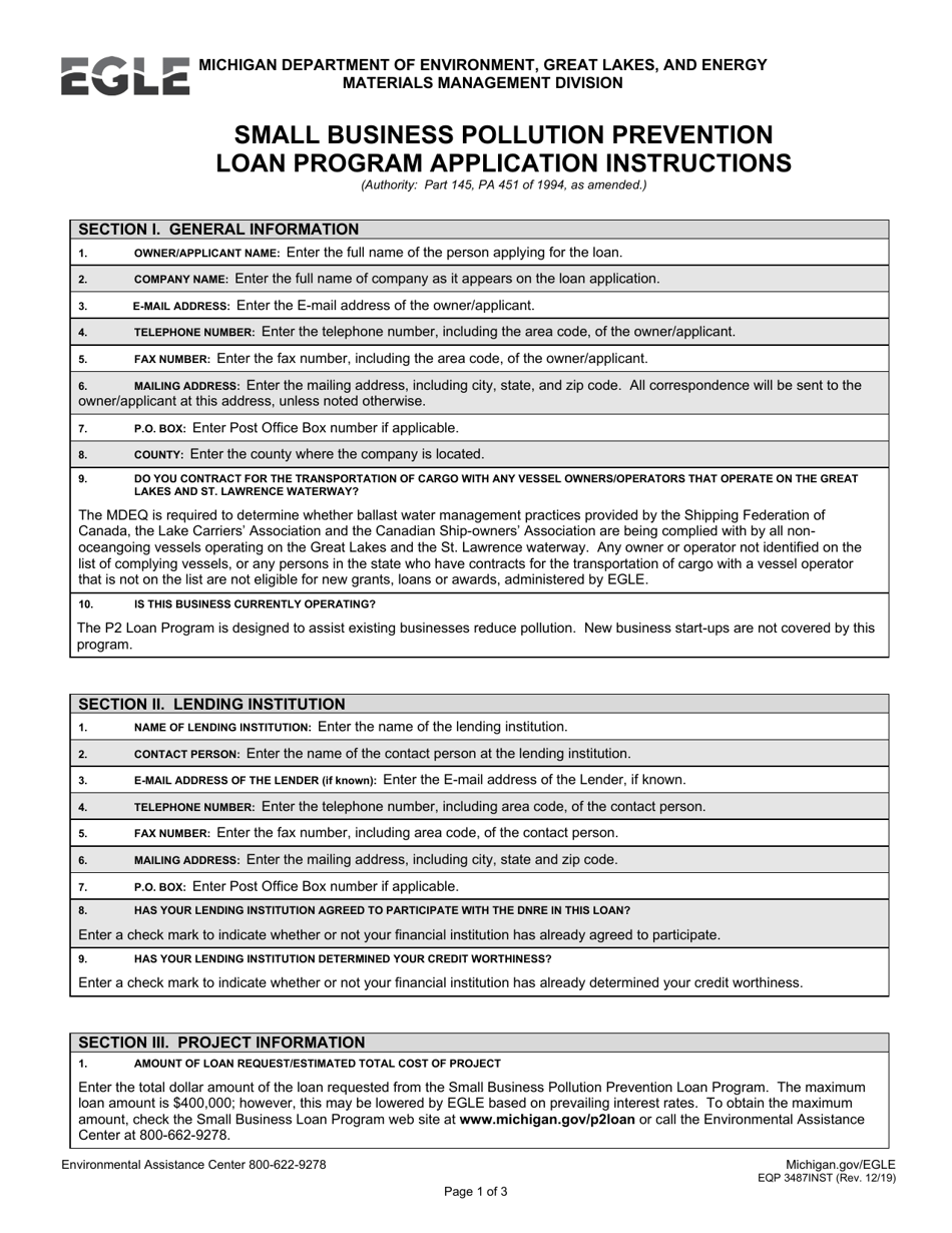 Instructions for Form EQP3487 Small Business Pollution Prevention Loan Program Application - Michigan, Page 1