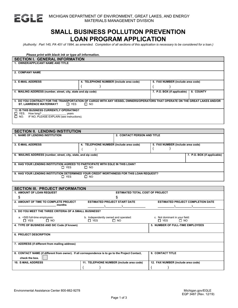 Form EQP3487 Small Business Pollution Prevention Loan Program Application - Michigan, Page 1