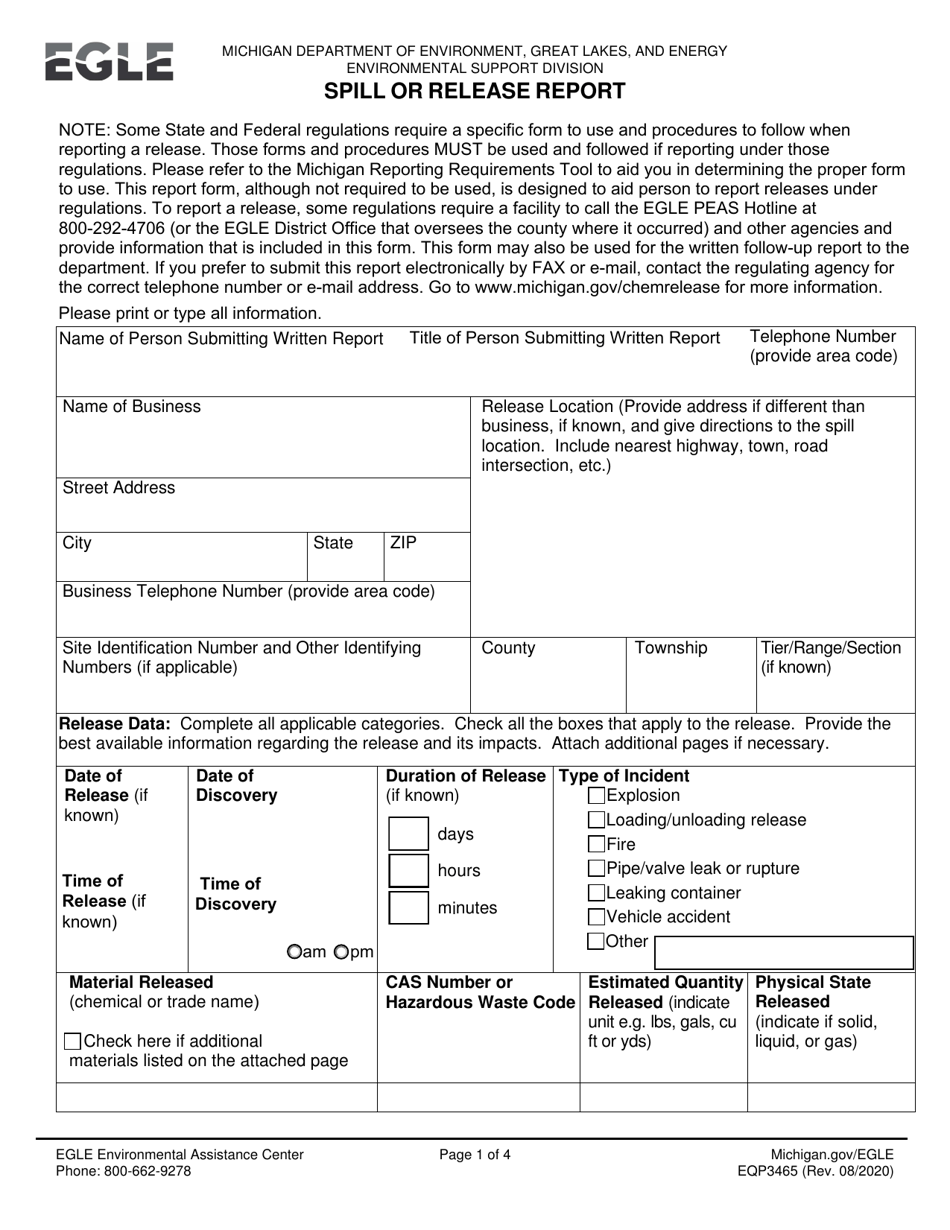 Form EQP3465 Spill or Release Report - Michigan, Page 1