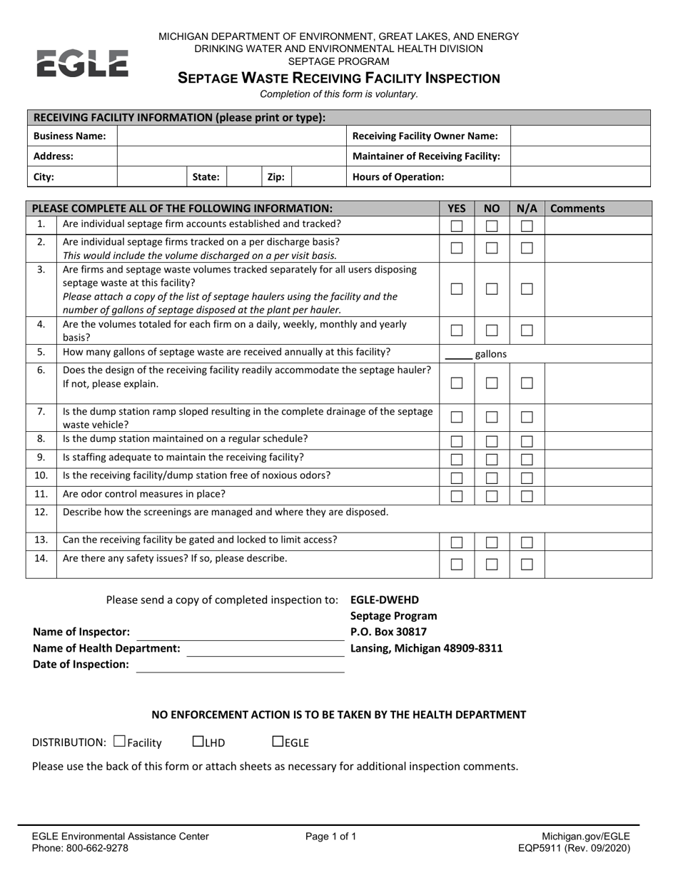 Form EQP5911 Septage Waste Receiving Facility Inspection - Michigan, Page 1