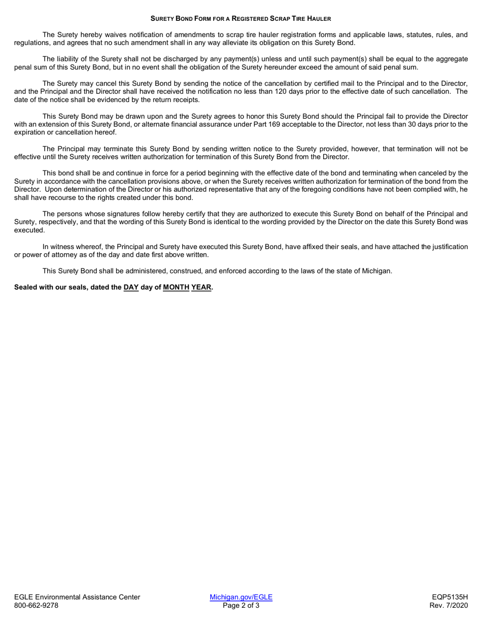 Form EQP5135H Surety Bond Form for a Registered Scrap Tire Hauler - Michigan, Page 2