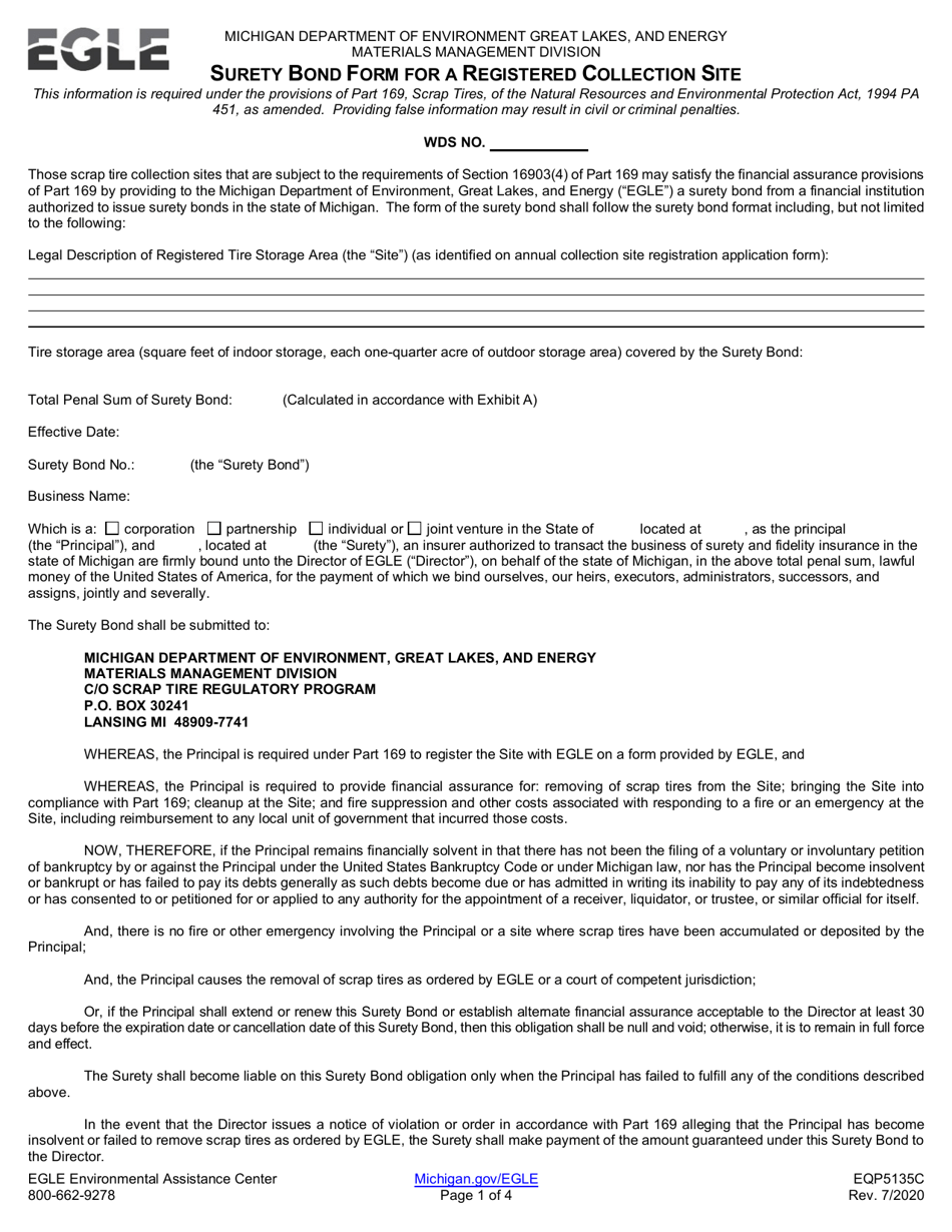 Form EQP5135C Surety Bond Form for a Registered Collection Site - Michigan, Page 1
