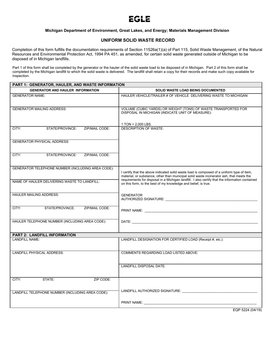 Form EQP5224 Uniform Solid Waste Record - Michigan, Page 1