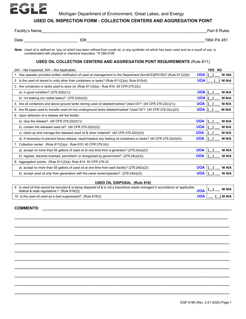 Form EQP5189 Used Oil Inspection Form - Collection Centers and Aggregation Point - Michigan, Page 1