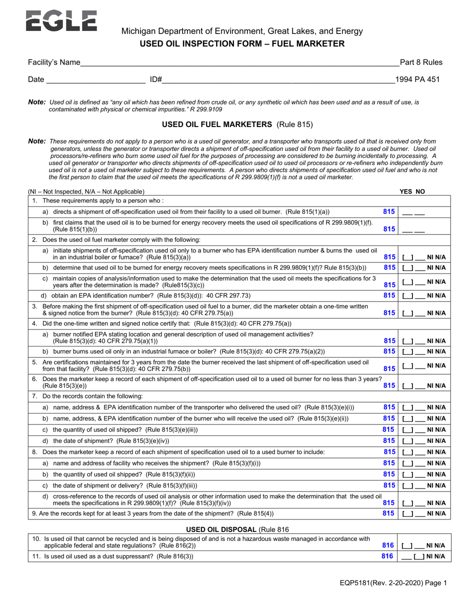 Form EQP5181 Used Oil Inspection Form - Fuel Marketer - Michigan, Page 1