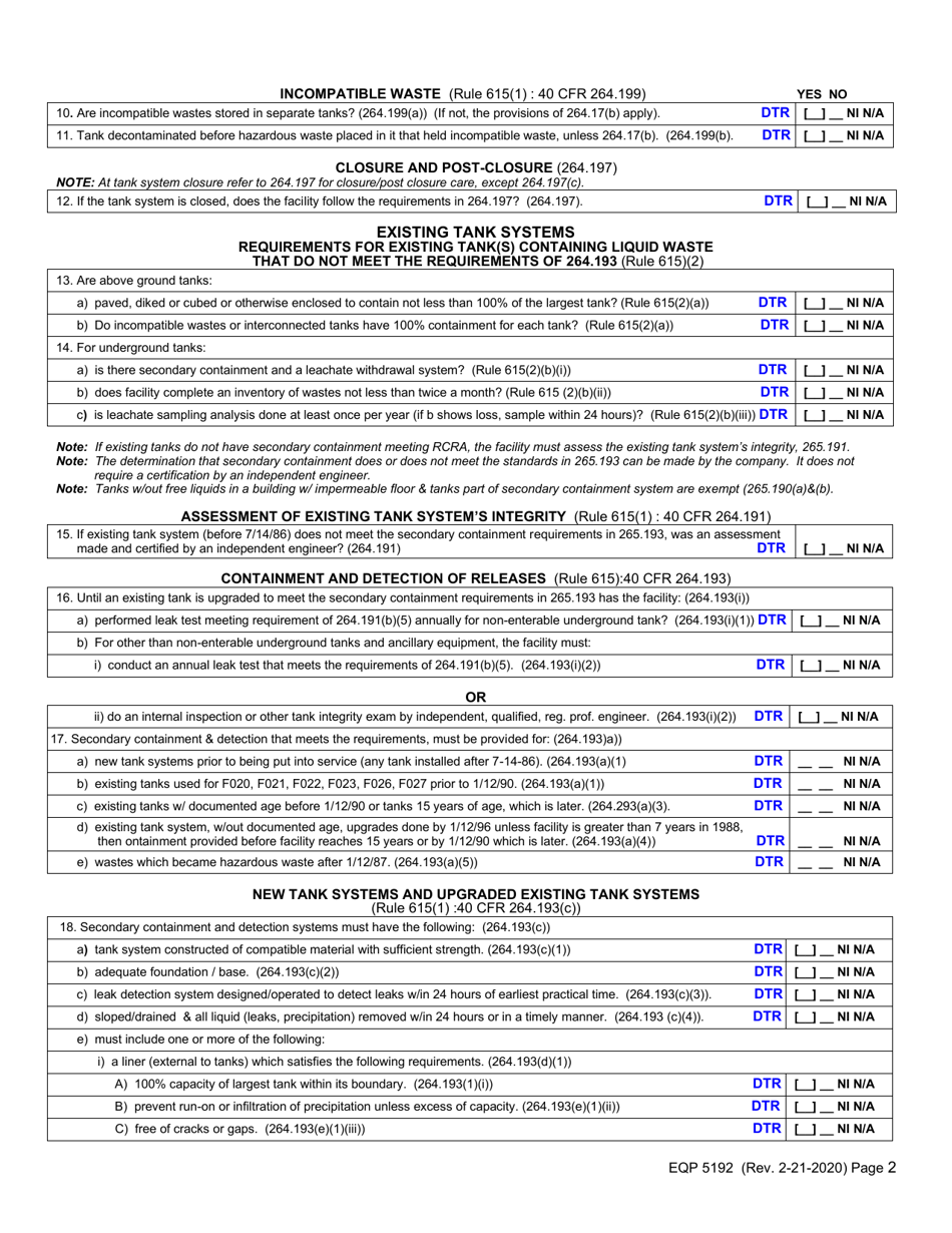 Form EQP5192 Tsdf Tank System Inspection Form - Michigan, Page 2