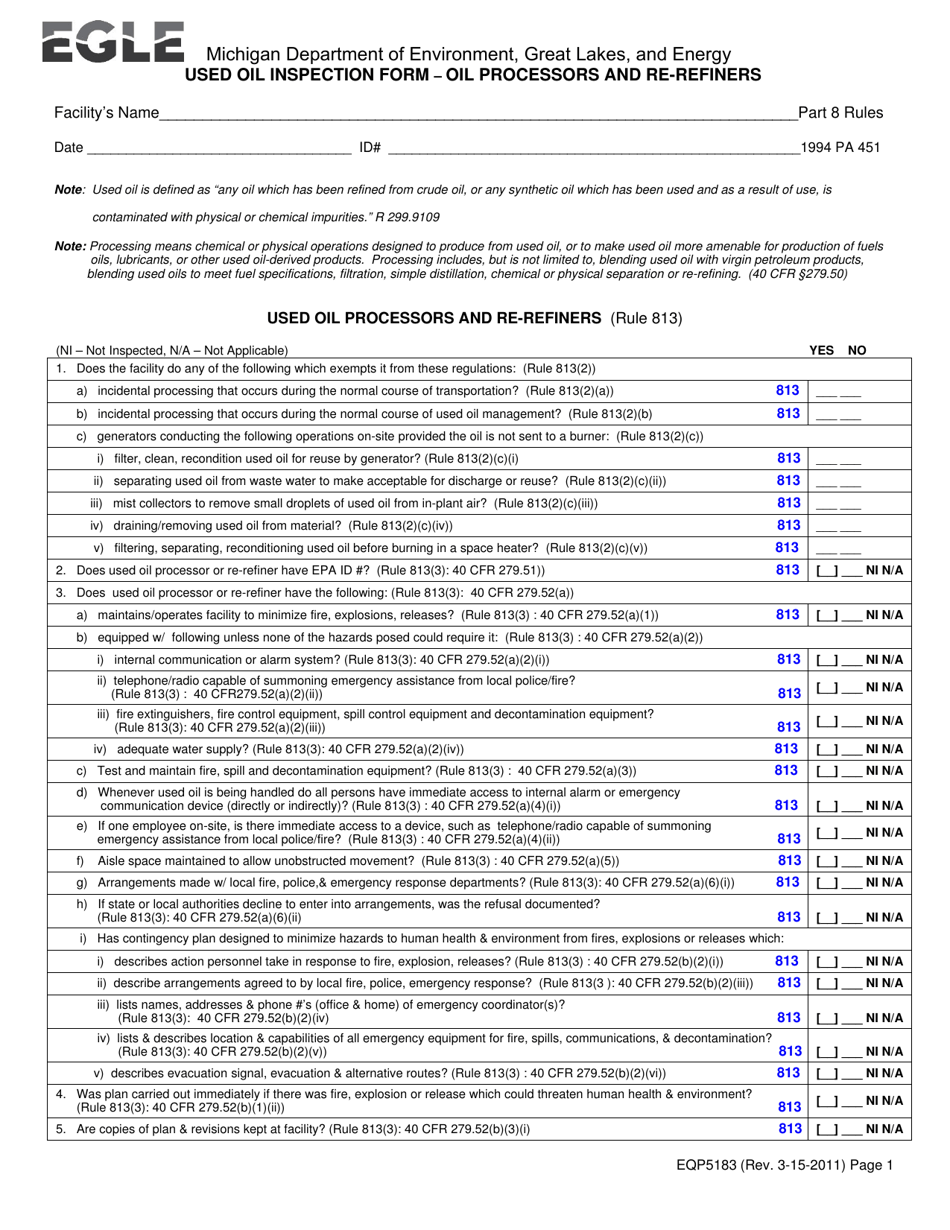 Form EQP5183 Used Oil Inspection Form - Oil Processors and Re-refiners - Michigan, Page 1