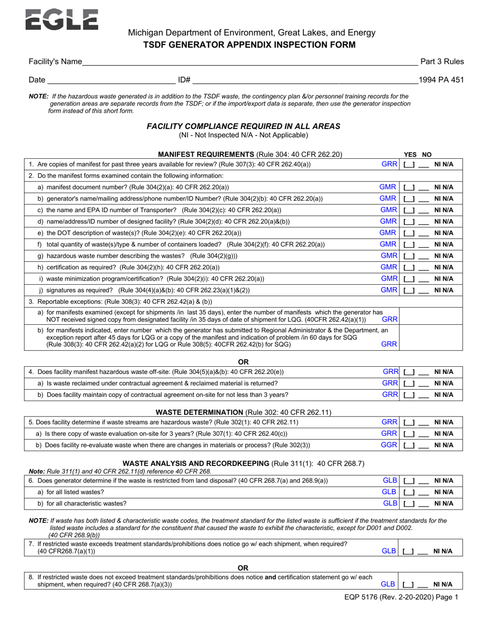 Form EQP5176 Tsdf Generator Appendix Inspection Form - Michigan, Page 1