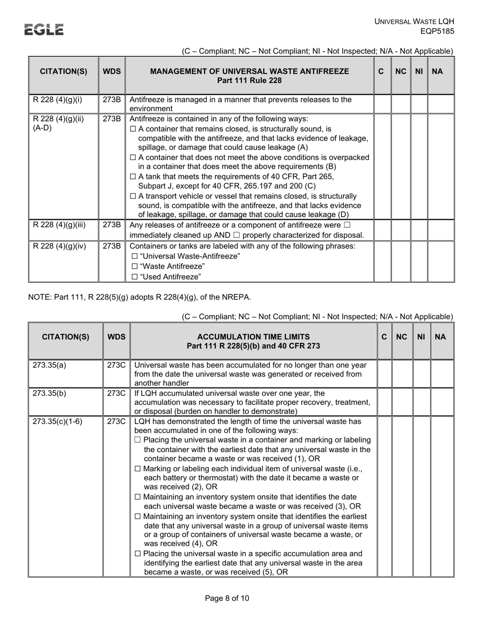 Form EQP5185 Universal Waste Large Quantity Handler - Michigan, Page 8