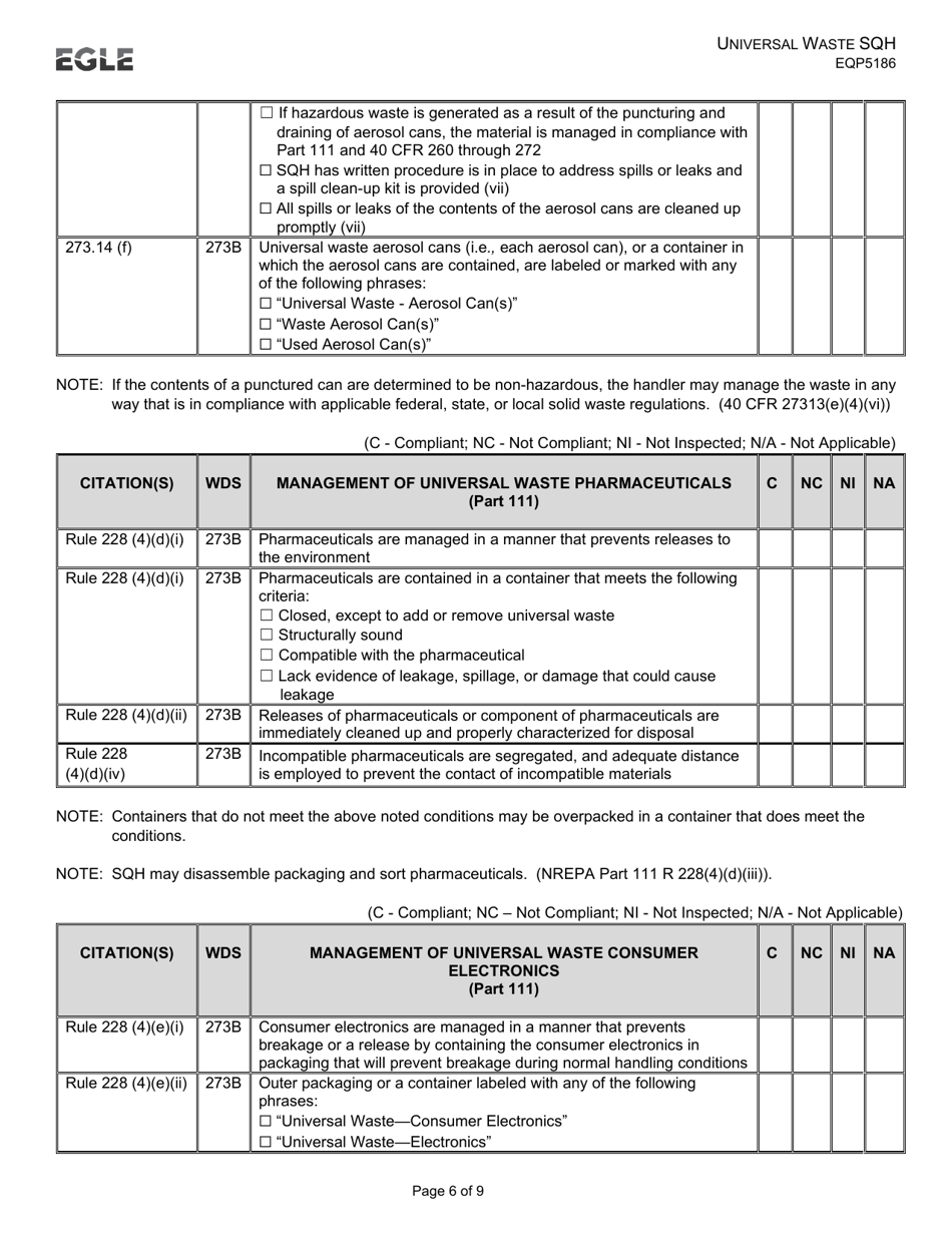 Form EQP5186 Universal Waste Small Quantity Handler - Michigan, Page 6