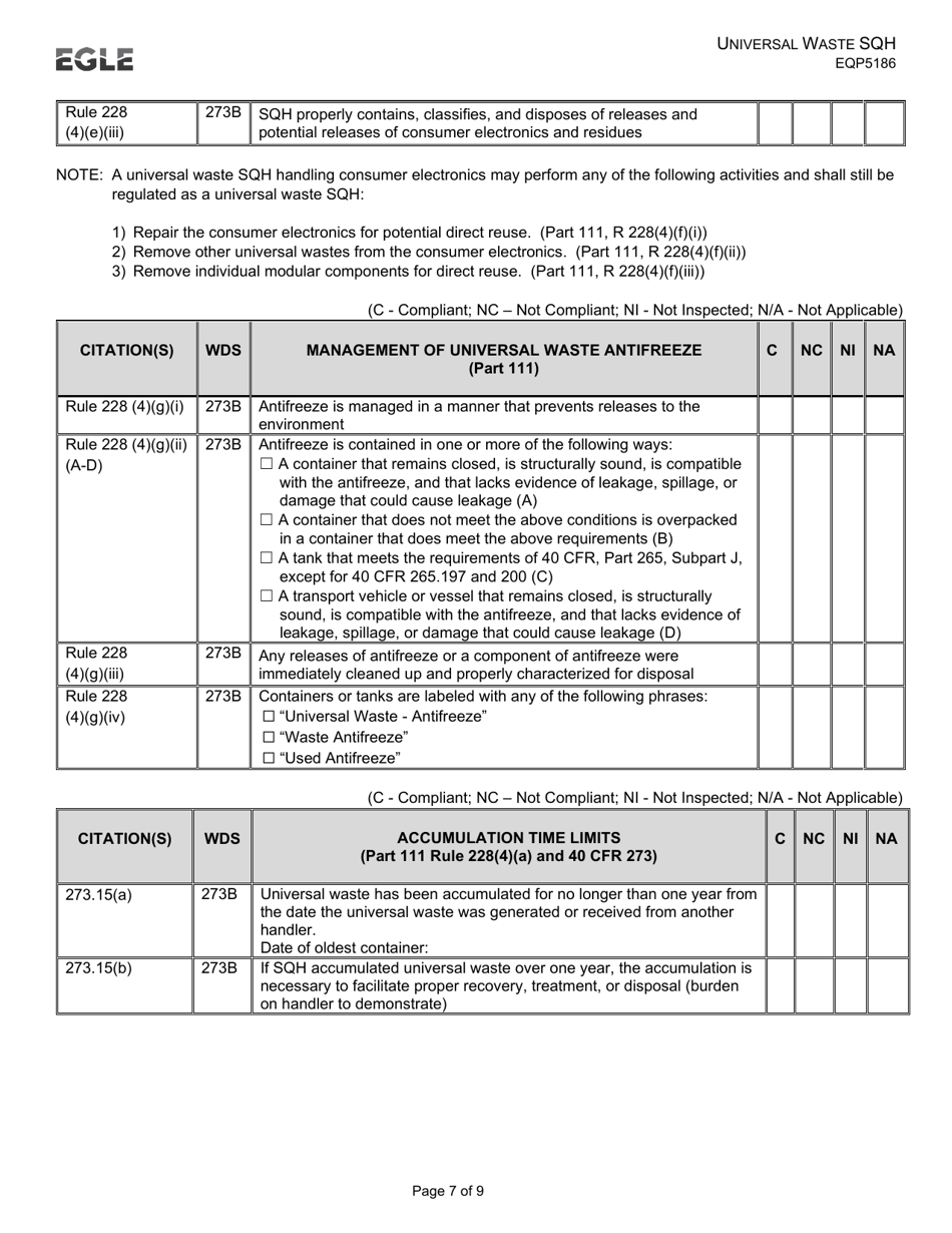 Form EQP5186 Universal Waste Small Quantity Handler - Michigan, Page 7