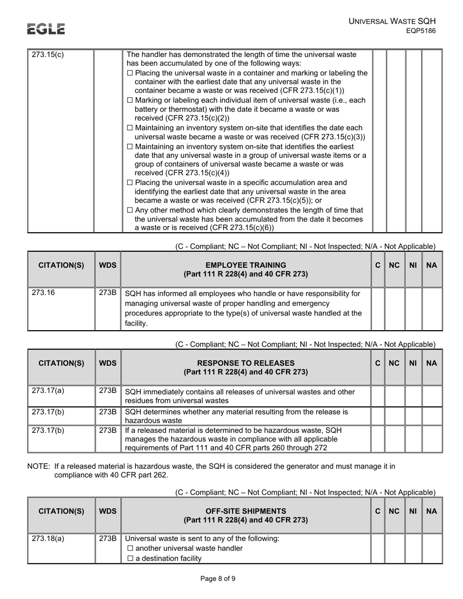 Form EQP5186 Universal Waste Small Quantity Handler - Michigan, Page 8