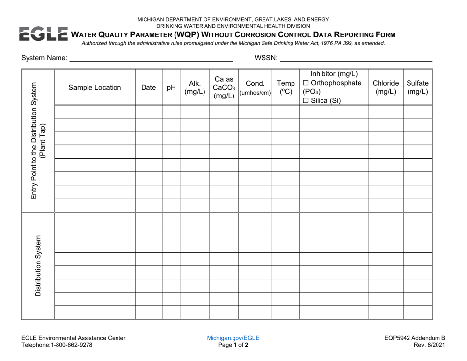 Form EQP5942 Addendum B Water Quality Parameter (Wqp) Without Corrosion Control Data Reporting Form - Michigan, Page 1